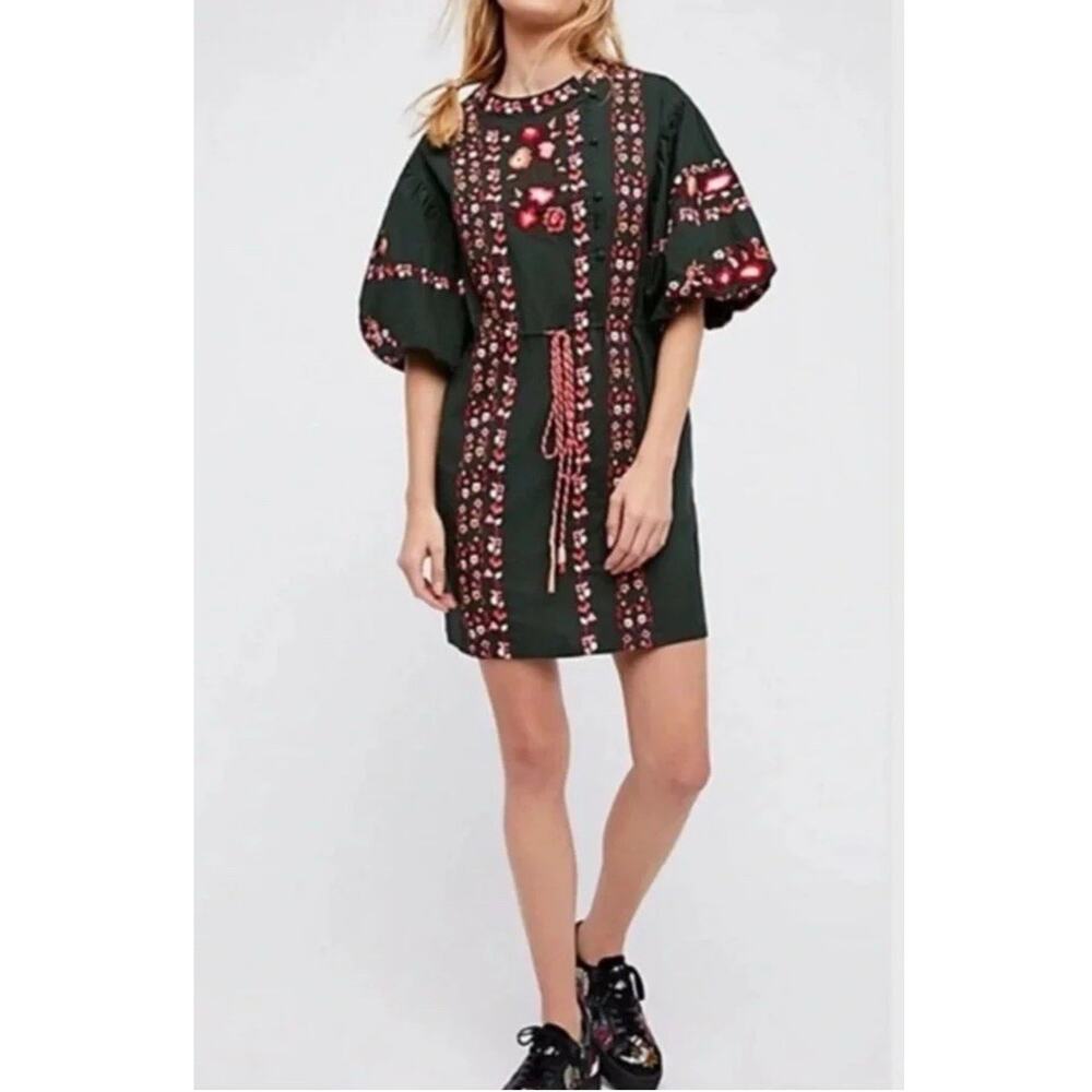 Free People Havana Asymmetrical Embroidered Peasant Dress Medium Green Floral